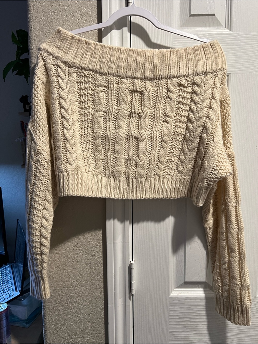 Zaful Cream Off-the-Shoulder Cable Knit Sweater